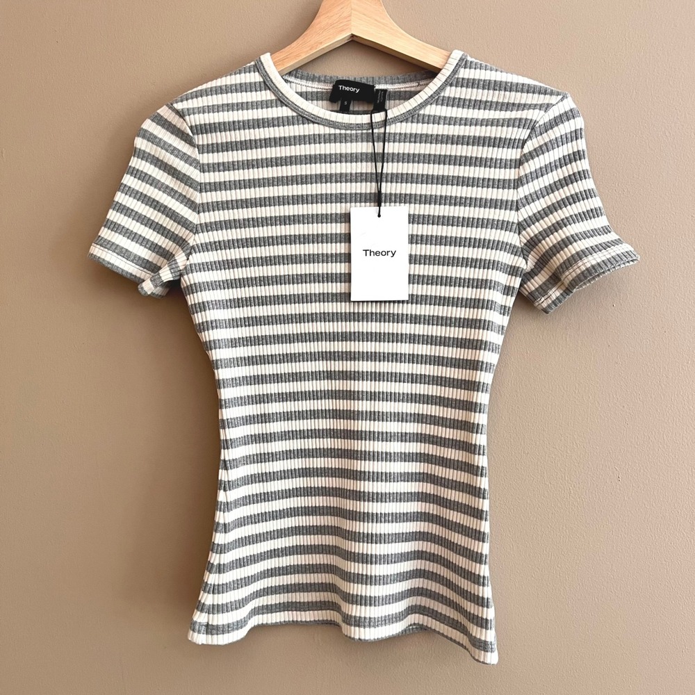 Theory Tiny Tee 2 Heather Grey Multi Stripe Rib Knit Top K0324512 Size S NEW